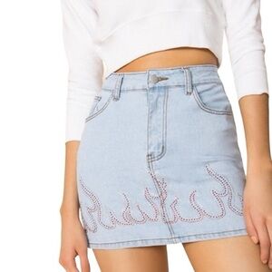Superdown Revolve Rhinestone Flame Denim Mini Skirt US S